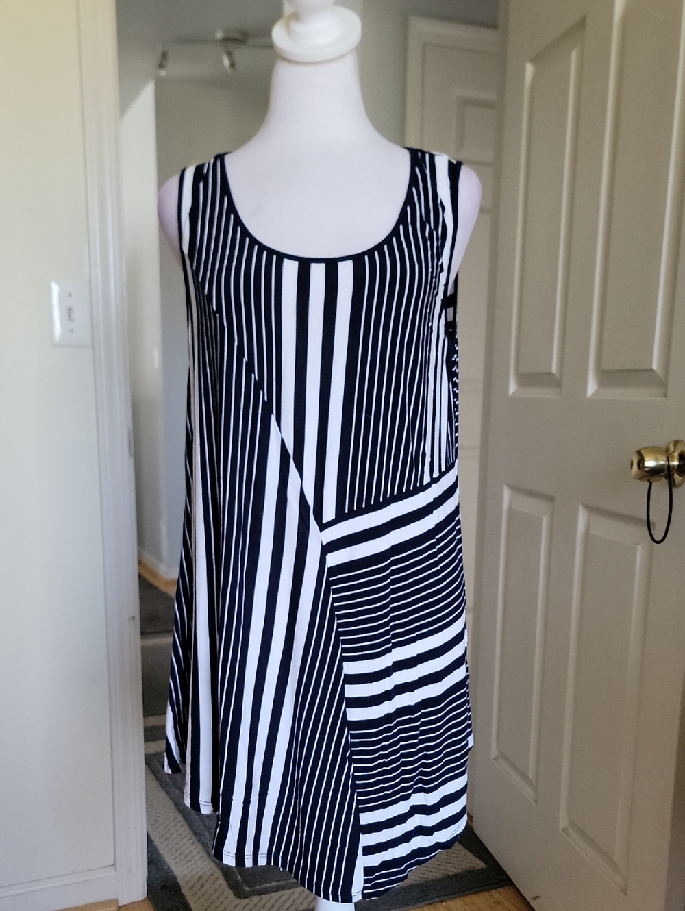Cable &Gauge Blue & White Striped Sleeveless A-Line Top